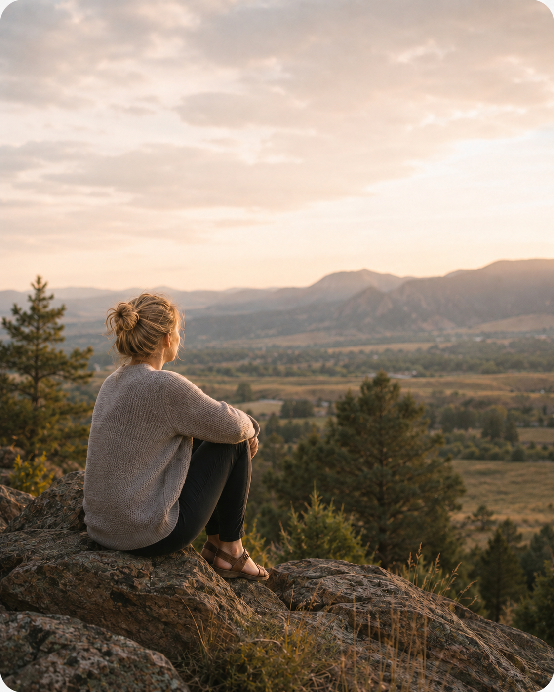 Maggie sitting near a cliff overlooking the mountains